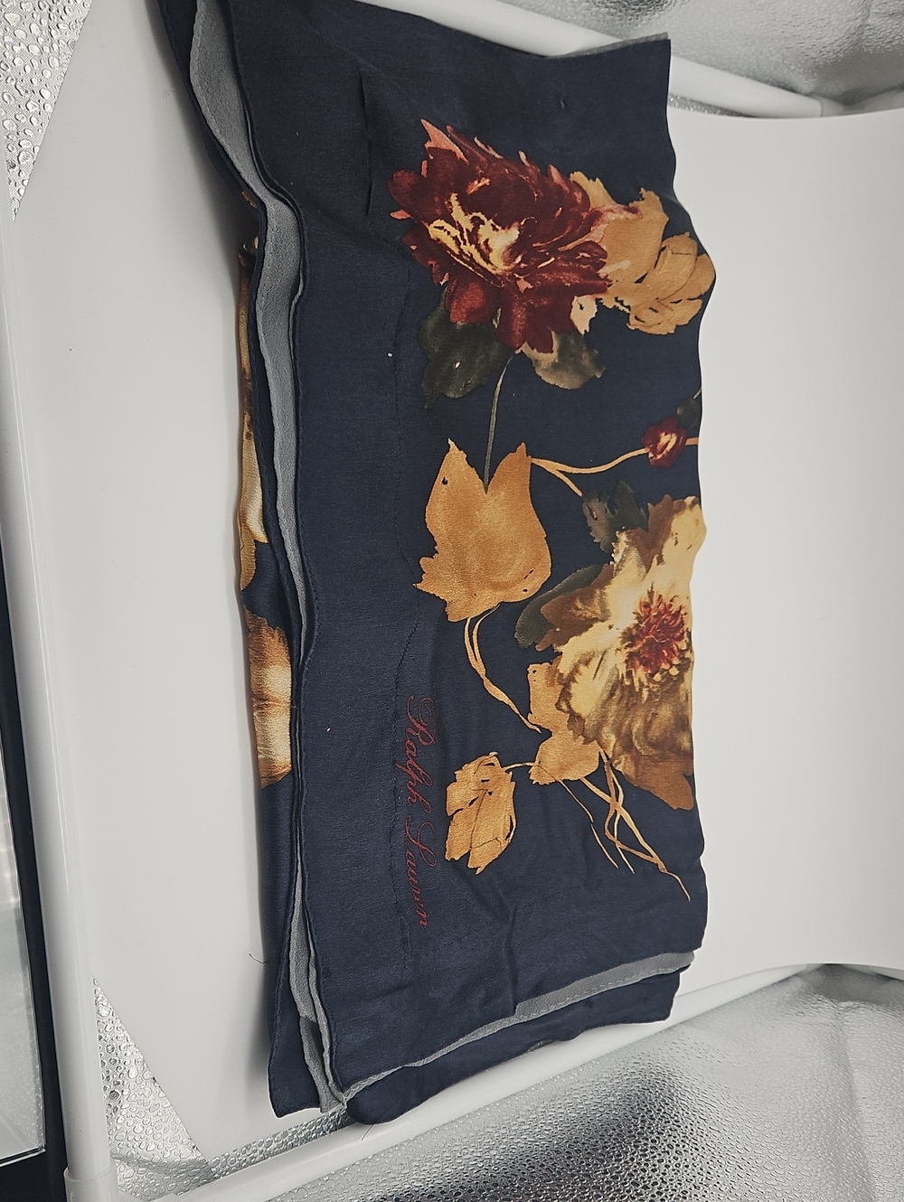 Ralph Lauren Navy Floral Silk-Blend Scarf with Gold & Burgundy Blooms